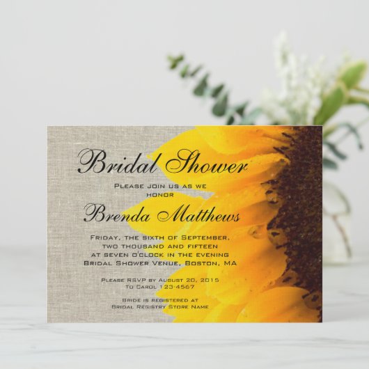 Rustic Linen Sunflower Bridal Shower Kaart (Staand voorkant)
