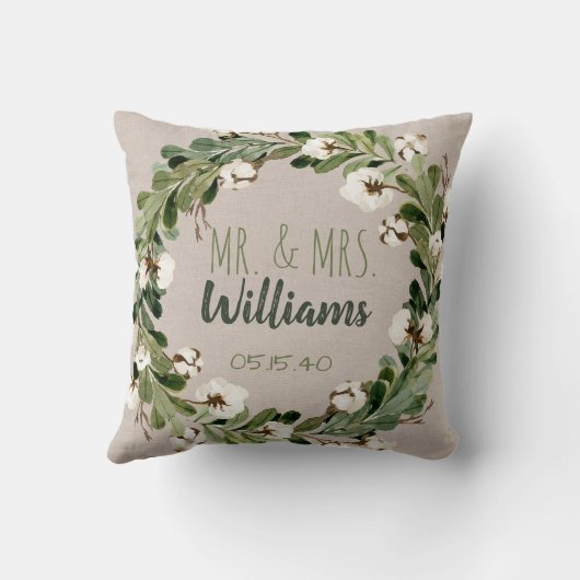 Rustic Linen Wreath Mr & Mrs Wedding Keepomwille Kussen (Achterkant)