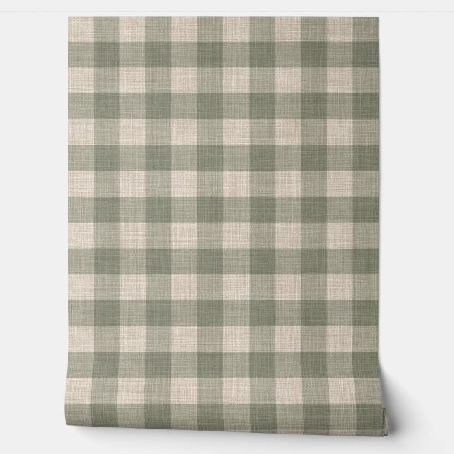 Rustic linnen Buffalo Check beige en groen ruit Behang (Afrollen)