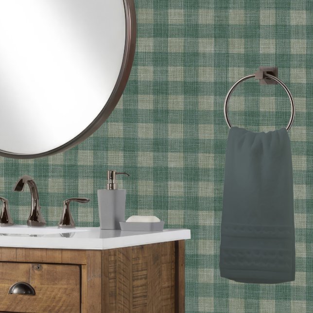 Rustic linnen Buffalo Check donkerblauw groen ruit Behang (Tonal shades of lt. & dk. muted blue green are perfect for a rustic lake, forest or mountain cabin.)