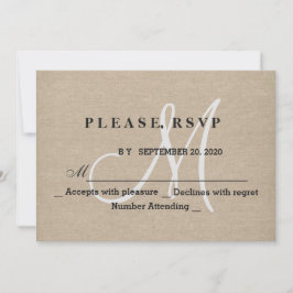 Rustic Linnen Canvas Trouw Monogram Eerste RSVP Kaartje