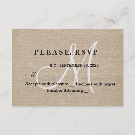 Rustic linnen canvas trouwmonogram initiële RSVP (Voorkant)