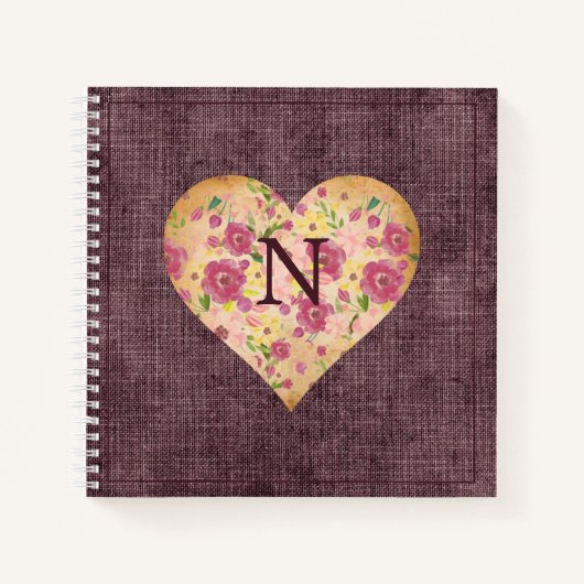 Rustic Linnen Monogram Bloemhart Mooie Notitieboek (Voorkant)