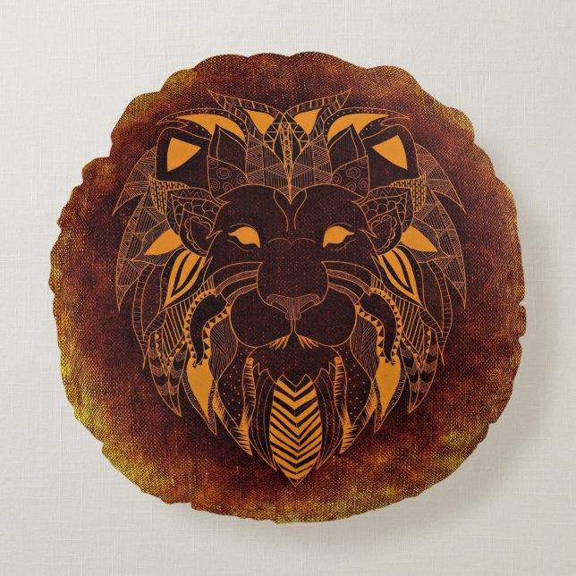 Rustic Lion Head Rond Kussen (Voorkant)