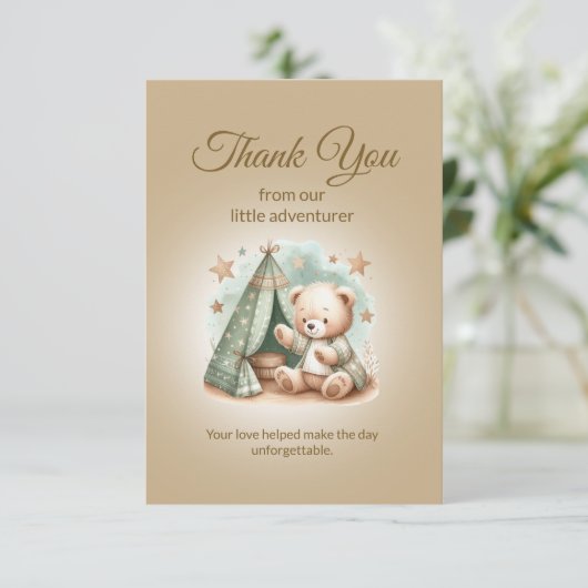 Rustic Little Adventurer Teddy Bear Beer Baby Bedankkaart (Staand voorkant)