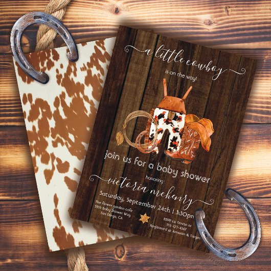 Rustic Little Cowboy Western Wood Baby shower Kaart