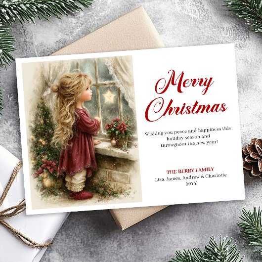 Rustic little girl awaiting Santa printable Xmas Feestdagenkaart