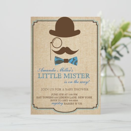 Rustic Little Mister Baby shower Boy Invitations Kaart (Staand voorkant)