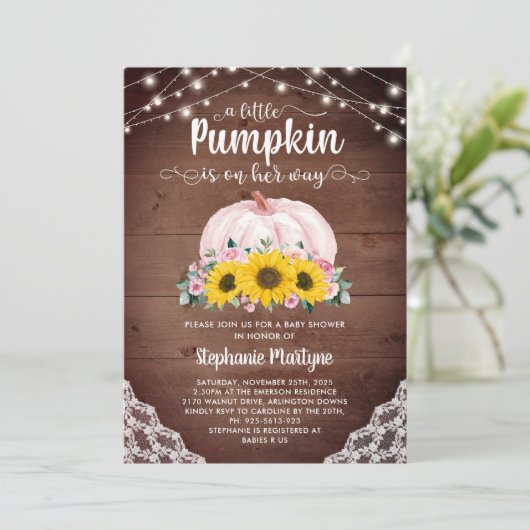 Rustic Little Pumpkin Sunflower Lights Baby shower Kaart (Staand voorkant)