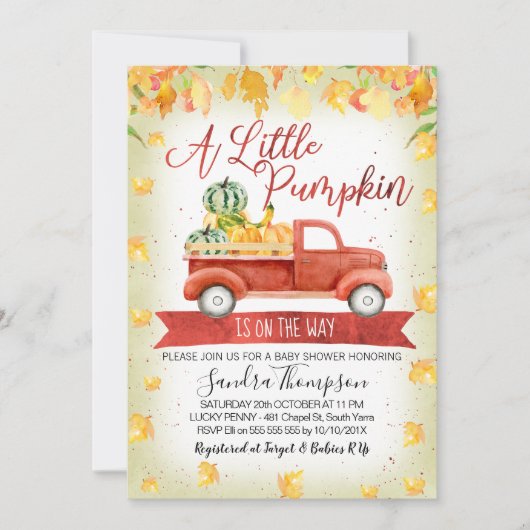Rustic Little Pumpkin Truck Baby shower Invitation Kaart (Voorkant)