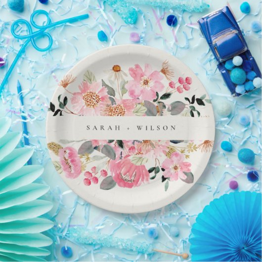 Rustic Lively Blush Pink Waterverf Floral Wedding Papieren Bordje (Feest)