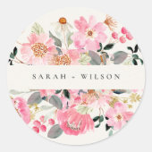 Rustic Lively Blush Pink Waterverf Floral Wedding Ronde Sticker (Voorkant)