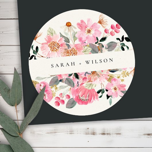 Rustic Lively Blush Pink Waterverf Floral Wedding Ronde Sticker
