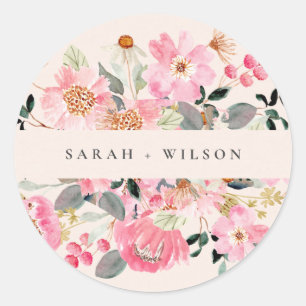 Rustic Lively Blush Pink Waterverf Floral Wedding Ronde Sticker