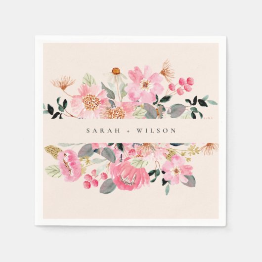 Rustic Lively Blush Pink Waterverf Floral Wedding Servet (Voorkant)