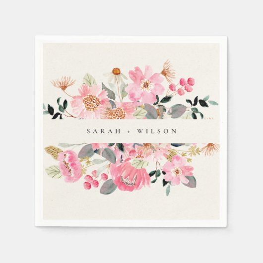 Rustic Lively Blush Pink Waterverf Floral Wedding Servet (Voorkant)