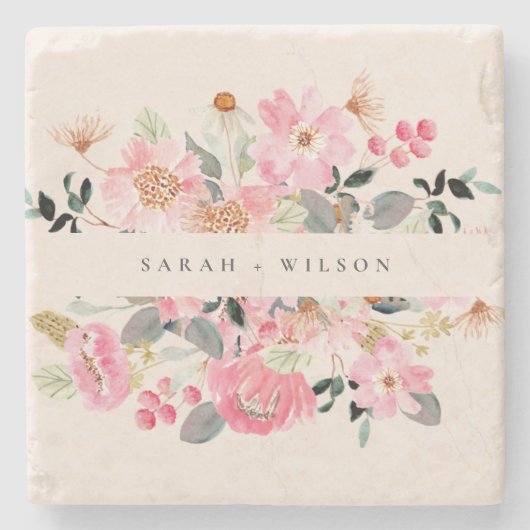 Rustic Lively Blush Pink Waterverf Floral Wedding Stenen Onderzetter (Voorkant)