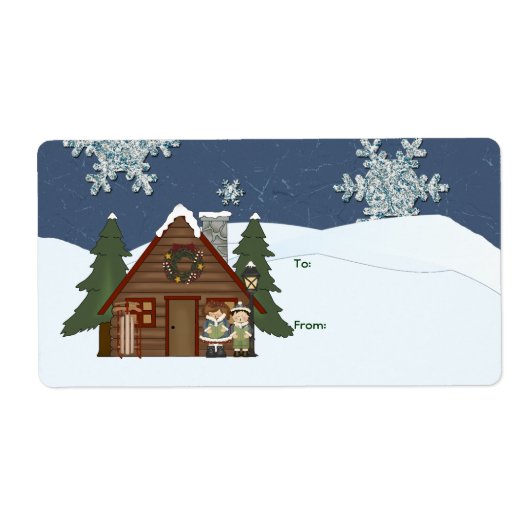 Rustic Lodge Country Cabin Kerstmis om nacht Etiket (Voorkant)