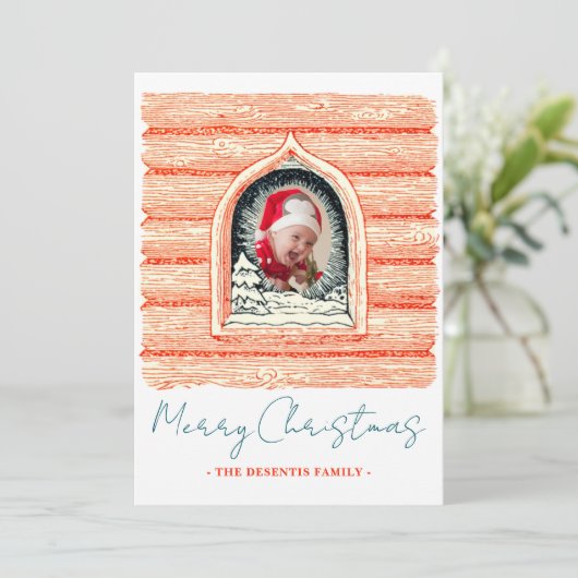 Rustic Log Cabin Christmas Photo Feestdagenkaart (Staand voorkant)