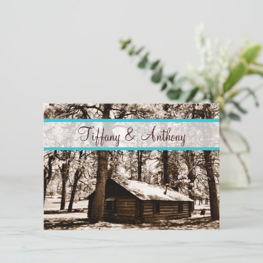 Rustic Log Cabin in Bossen Blauwgroen huwelijksuit Kaart (Staand voorkant)