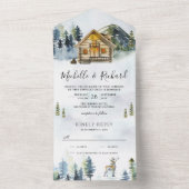 Rustic Log Cabin Lodge Mountain Forest Fog Wedding All In One Uitnodiging (Binnen)