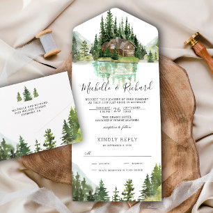 Rustic Log Cabin Mountain Forest Wedding Lake All In One Uitnodiging