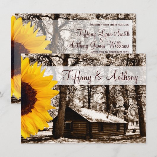 Rustic Log Cabin Sunflower Wedding Invitting Kaart (Voorkant / Achterkant)