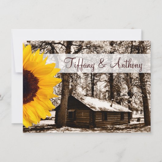 Rustic Log Cabin Sunflower Wedding Invitting Kaart (Voorkant)