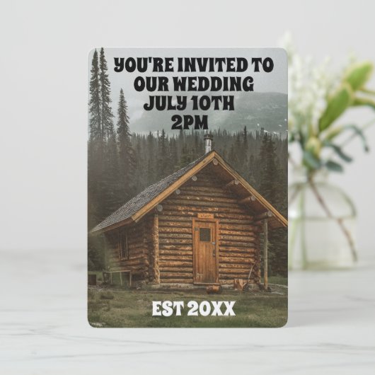 RUSTIC LOG CABIN WEDDING INVITATIONS PERSONALISEER KAART (Staand voorkant)