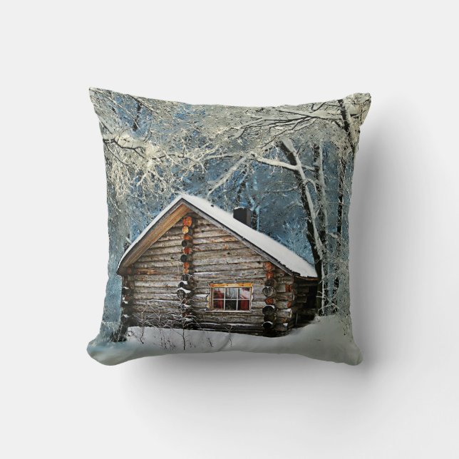 Rustic Log Cabin Winter Magic Kussen (Voorkant)