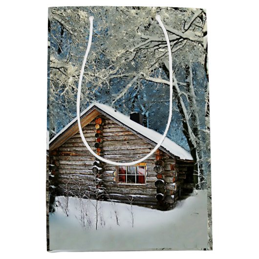 Rustic Log Cabin Winter Magic Medium Cadeauzakje (Voorkant)