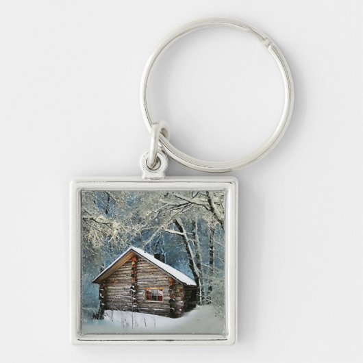 Rustic Log Cabin Winter Magic Sleutelhanger (Voorkant)