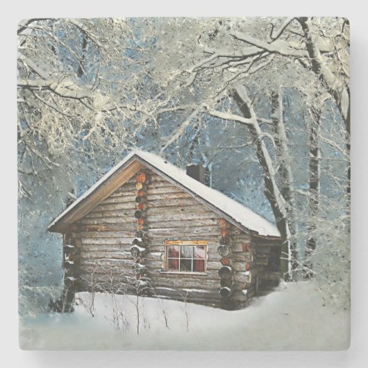 Rustic Log Cabin Winter Magic Stenen Onderzetter (Voorkant)