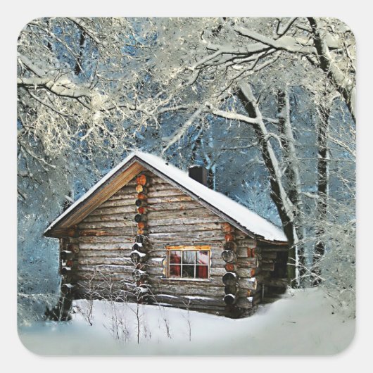 Rustic Log Cabin Winter Magic Vierkante Sticker (Voorkant)
