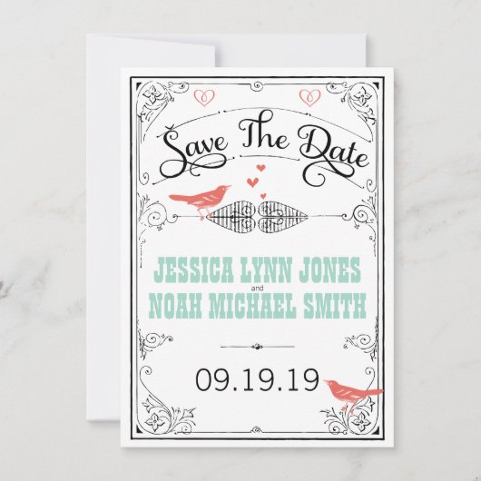 Rustic Love Bird Hearts Mint Coral Save the Date (Voorkant)