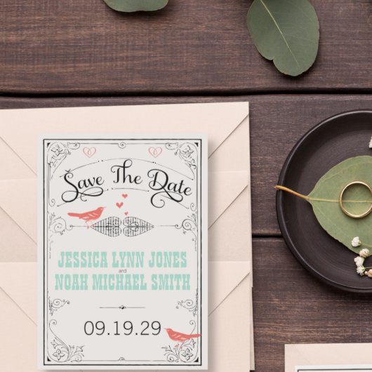 Rustic Love Bird Hearts Mint Coral Save the Date