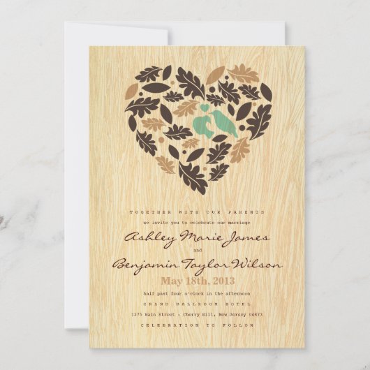 Rustic Love Bird Leaf and Heart Wedding Invitation Kaart (Voorkant)