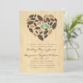 Rustic Love Bird Leaf and Heart Wedding Invitation Kaart (Staand voorkant)