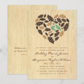 Rustic Love Bird Leaf and Heart Wedding Invitation Kaart (Voorkant / Achterkant)
