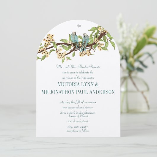 Rustic Love Bird Turquoise Yellow Wedding Invites Kaart (Staand voorkant)