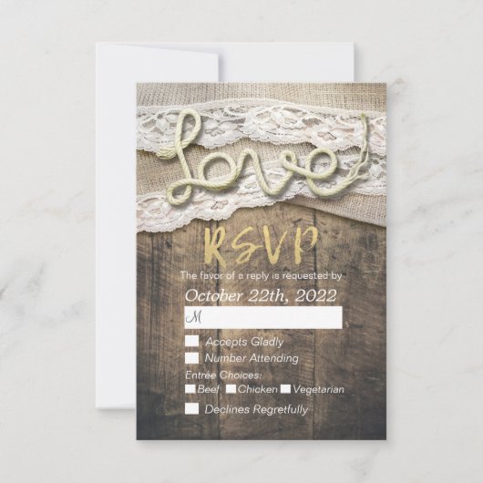 Rustic Love Rope Burlap Lace Wedding RSVP Antwoord (Voorkant)