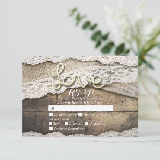 Rustic Love Rope Burlap Lace Wedding RSVP Antwoord (Staand voorkant)