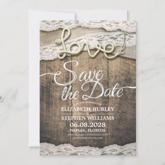 Rustic Love Rope Burlap Wedding Save the Date (Voorkant)