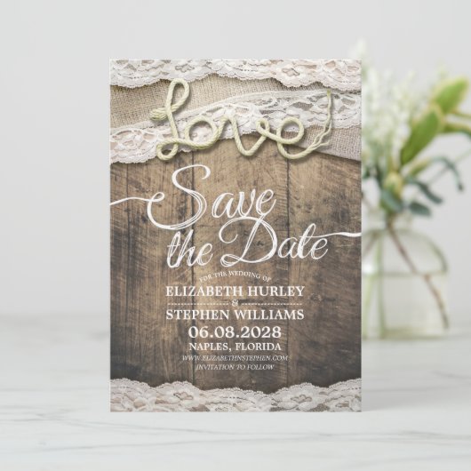 Rustic Love Rope Burlap Wedding Save the Date (Staand voorkant)