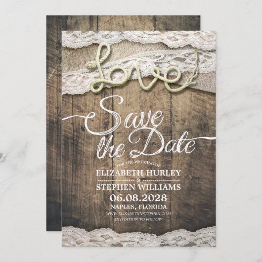 Rustic Love Rope Burlap Wedding Save the Date (Voorkant / Achterkant)