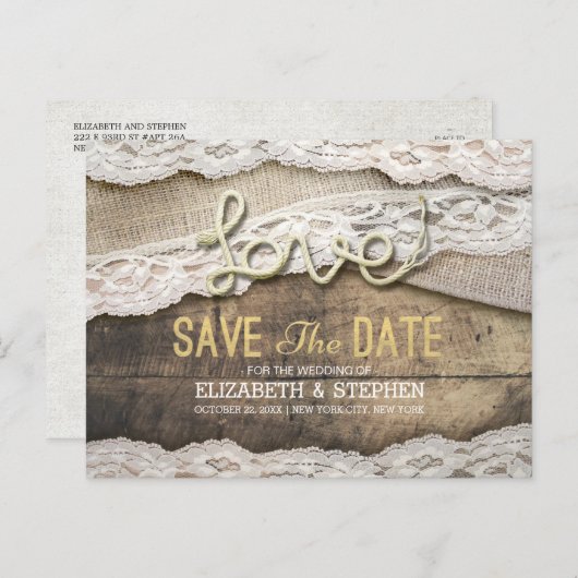 Rustic Love Rope Burlap Wedding Save the Date Aankondigingskaart (Voorkant / Achterkant)