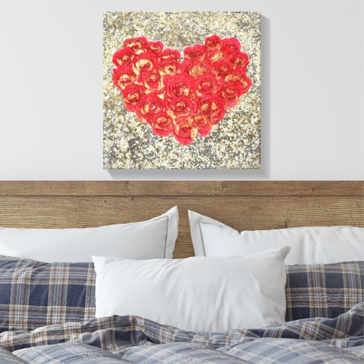 Rustic Love Rustic Valentijn Red & Gold Heart Canvas Afdruk (Insitu (Slaapkamer))