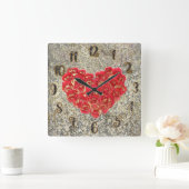 Rustic Love Rustic Valentijn Red & Gold Heart Vierkante Klok (Huis)