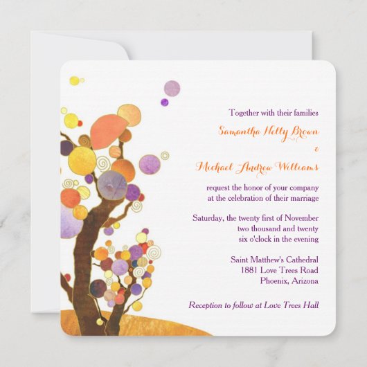 Rustic Love Trees Paars Wedding Kaart (Achterkant)