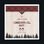 Rustic LumberJack en Jill Wedding Couple Shower Servet<br><div class="desc">Uniek kaartontwerp met rood buffelvlecht,  bossilhouet,  een rood buffelvlecht hart voor monogram,  broedluiken,  prachtig LUMBERJACK- & JILL-script met rood vlecht effect,  op een gewassen houten achtergrond. Het gebruik past hulpmiddel aan om uw info toe te voegen. Ga voor overeenkomende objecten naar mijn Lumberjack and Jill Party.</div>
